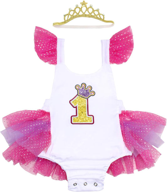 Newborn Toddler Baby Girls Romper Crown Headband Set 1St Birthday Outfit,9Ec01,6-12 Months(Size M)